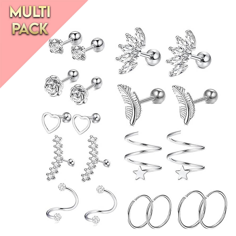 Multi Pack Of 20 Silver Cartilage Hoops & Studs