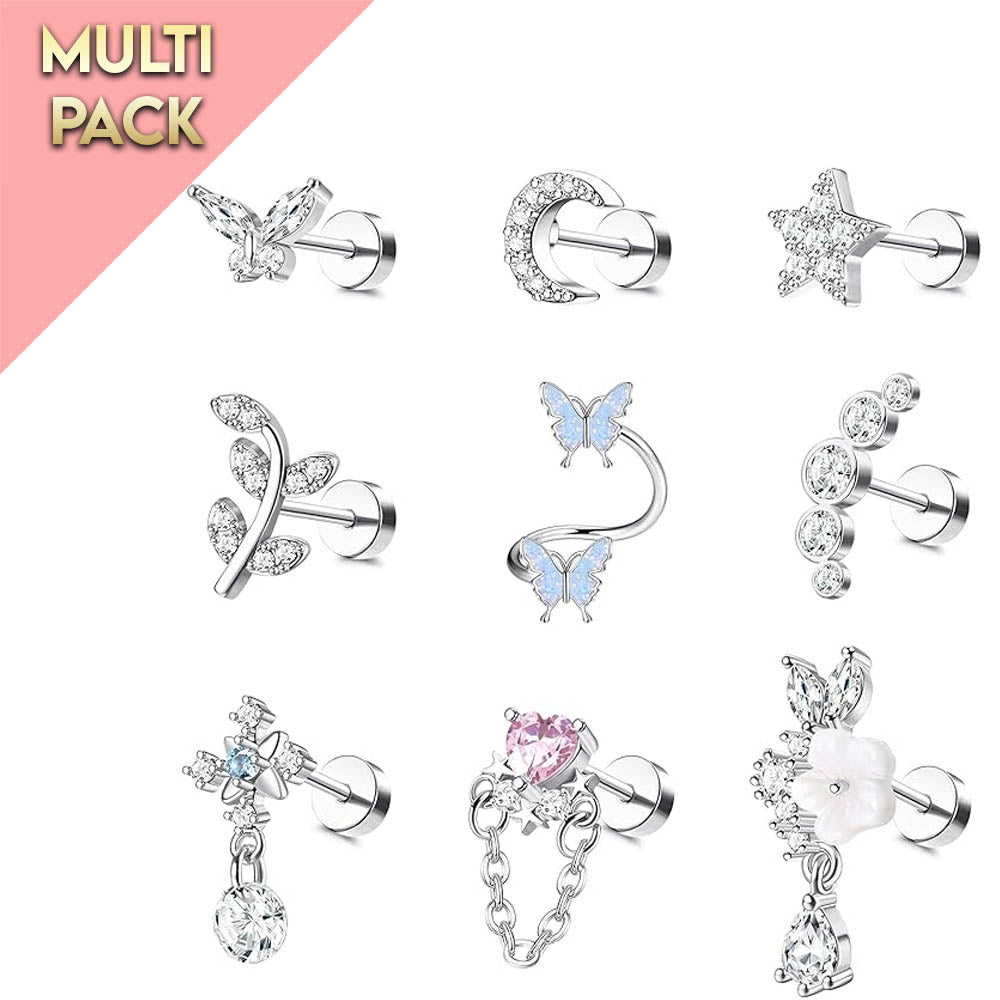 Multi Pack Of 9 Flat Back Cartilage / Labret Studs