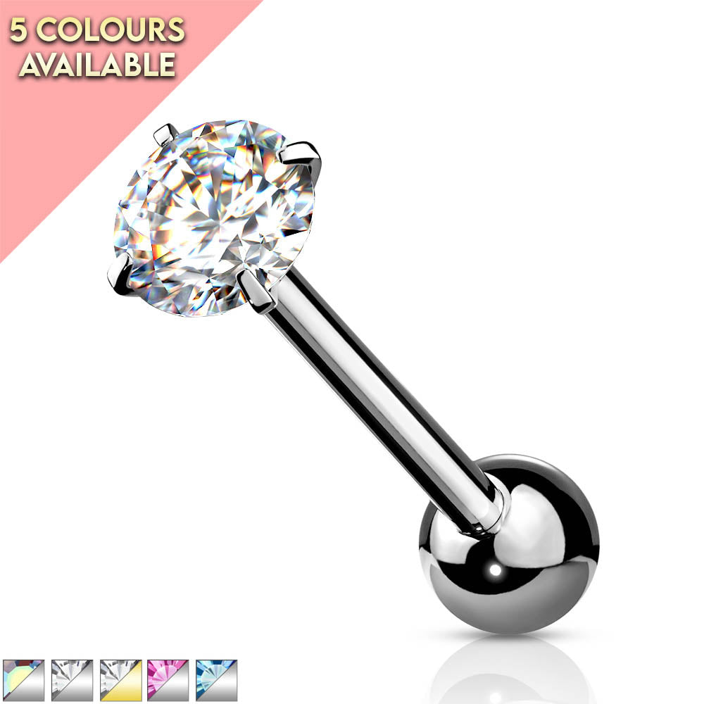 Cherry Diva Barbell 14 Gauge Prong Set Round Crystal Tongue Barbell