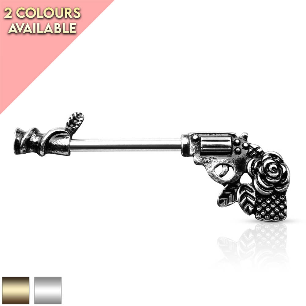 Cherry Diva Barbell 14 Gauge Rose & Revolver Nipple Ring