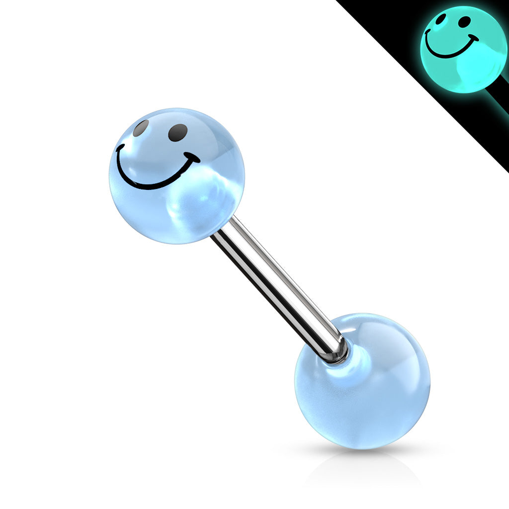 Cherry Diva Barbell Blue 14 Gauge Surgical Steel Glow In The Dark Smiley Face Barbell