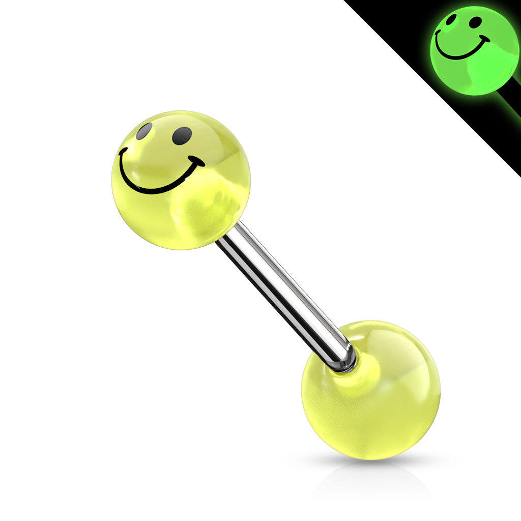 Cherry Diva Barbell Green 14 Gauge Surgical Steel Glow In The Dark Smiley Face Barbell