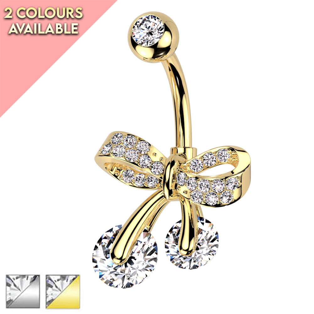 Cherry Diva belly bar 14 Crystal Bow Belly Button Bar