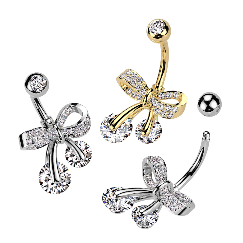 Cherry Diva belly bar 14 Crystal Bow Belly Button Bar