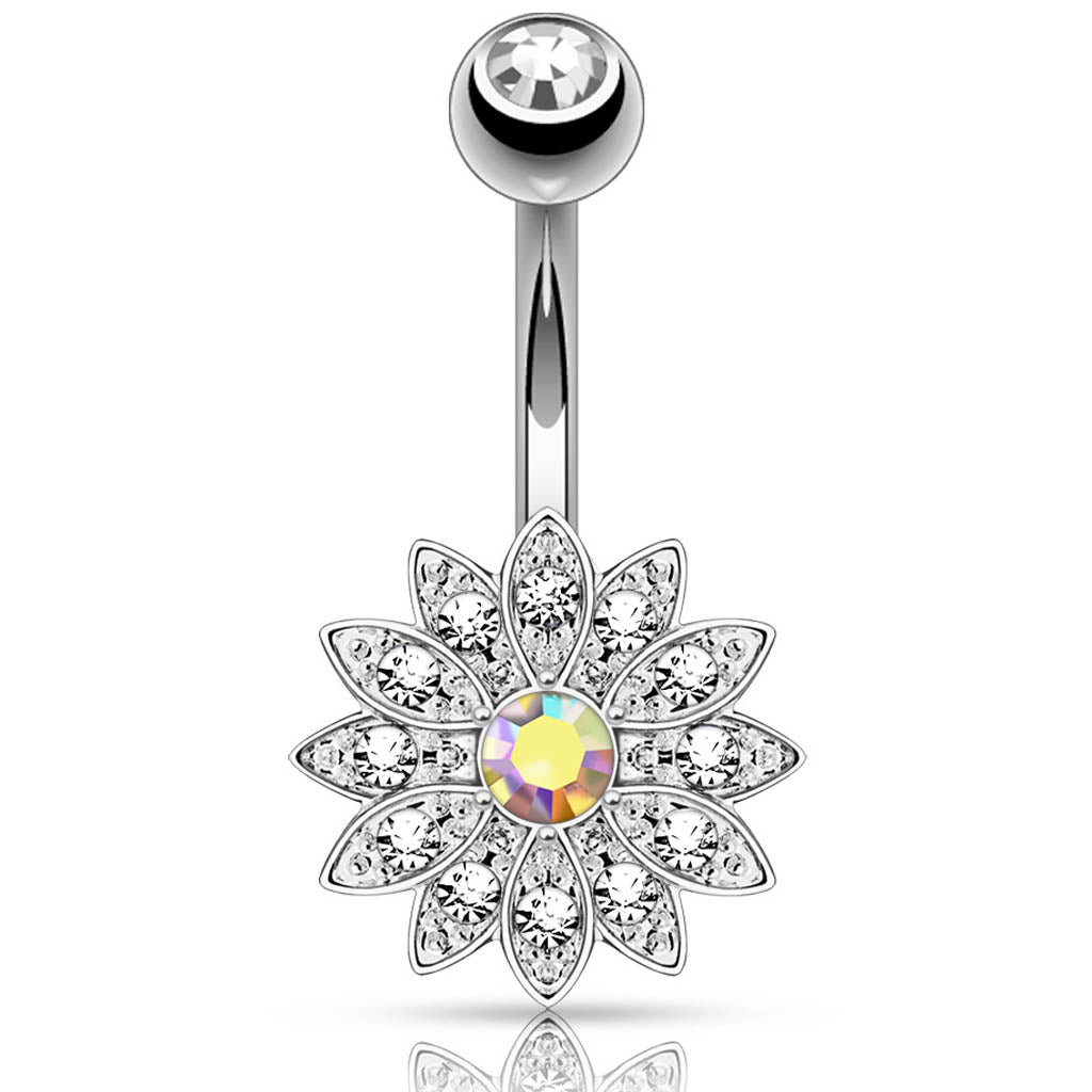 Cherry Diva belly bar 14 Gauge Aurora Flower Crystal Belly Button Bar