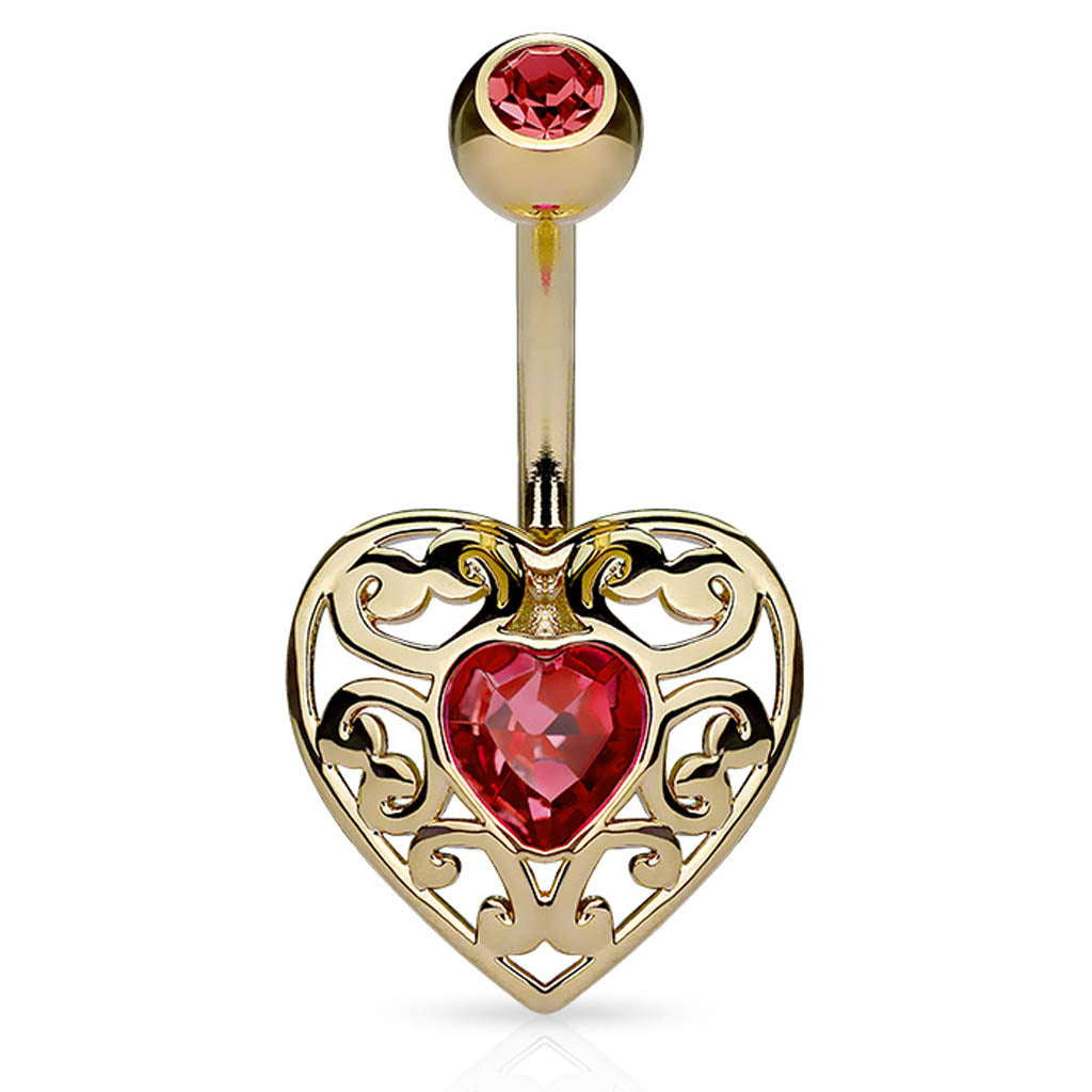 Cherry Diva belly bar 14 Gauge Crystal Filigree Heart Belly Bar