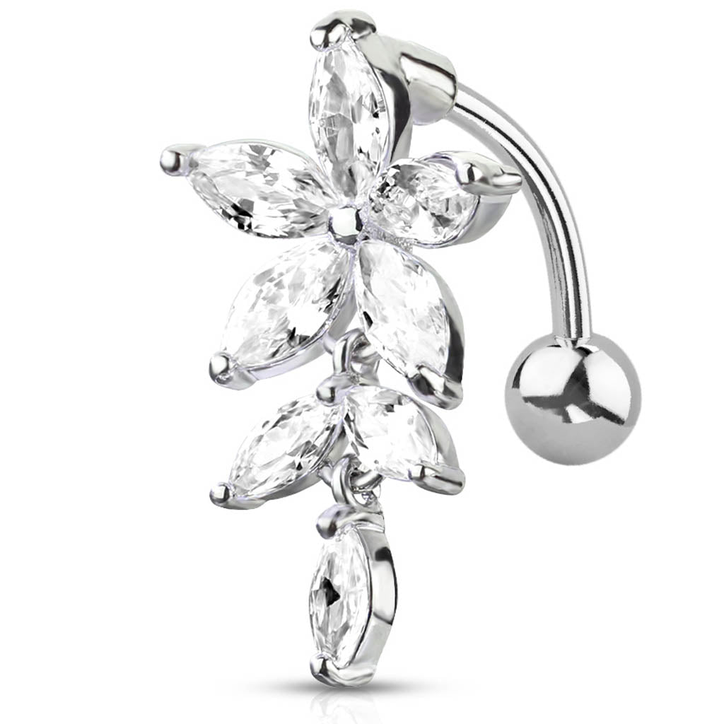 Cherry Diva belly bar 14 Gauge Dangling Crystal Flower Reverse Belly Button Bar