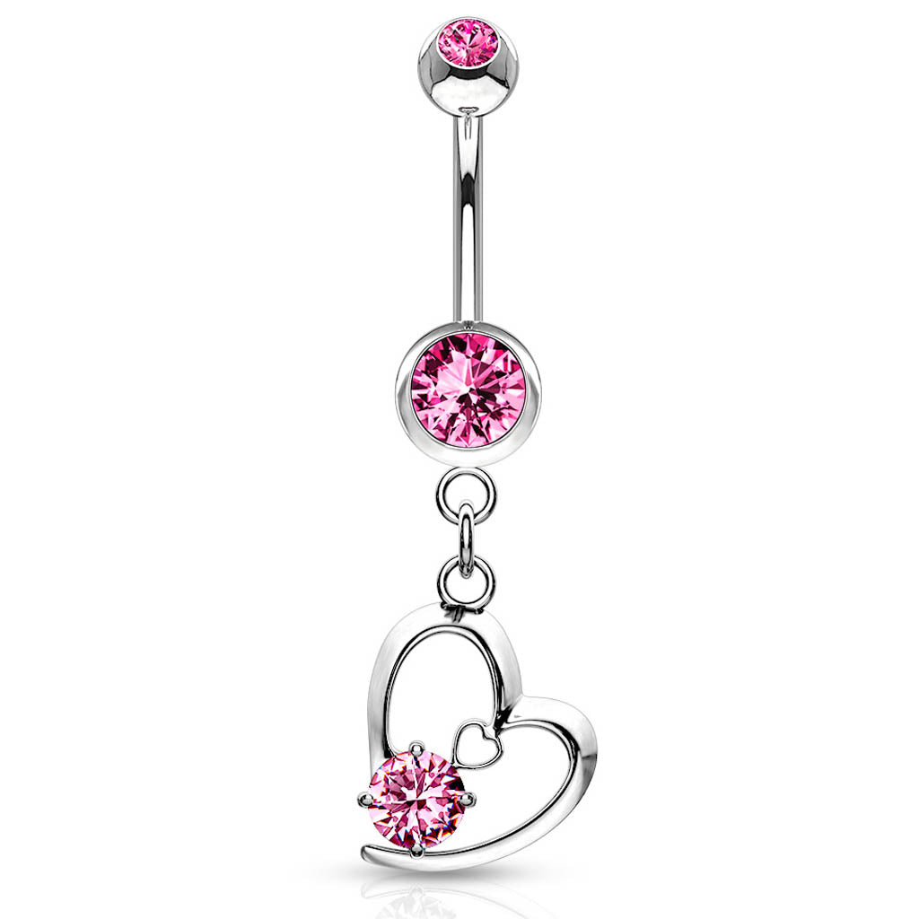 Cherry Diva belly bar 14 Gauge Dangling Crystal Heart Belly Button Bar