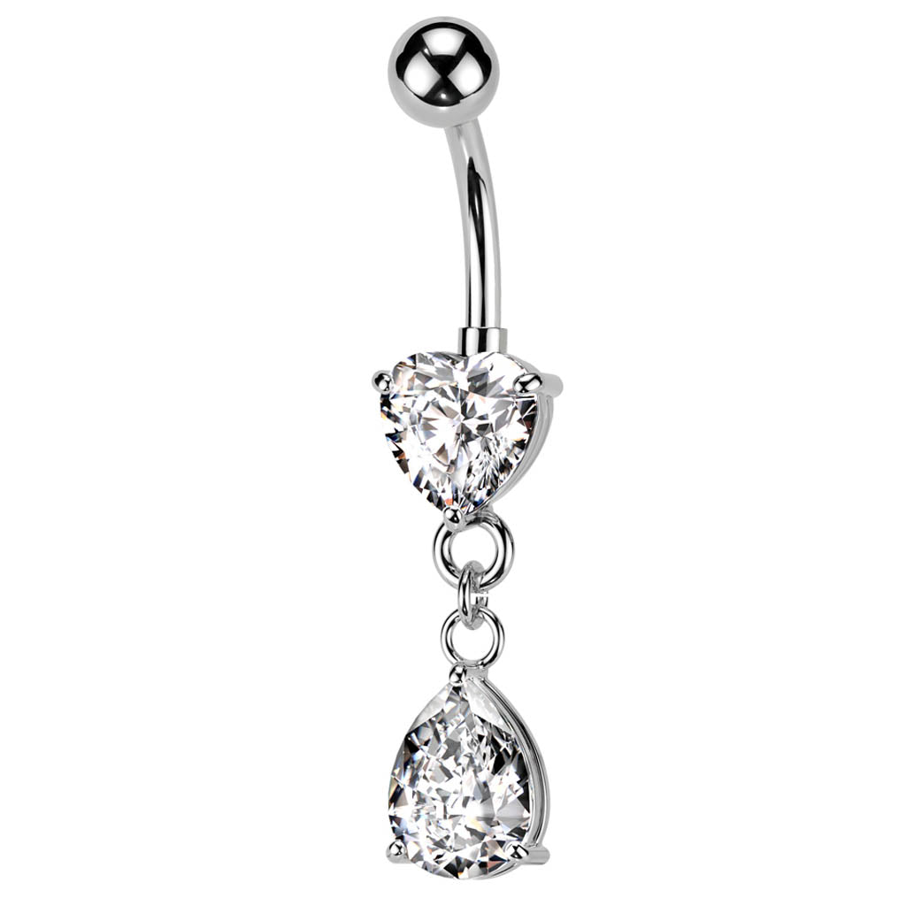 Cherry Diva belly bar 14 Gauge Dangling Crystal Heart & Teardrop Belly Bar