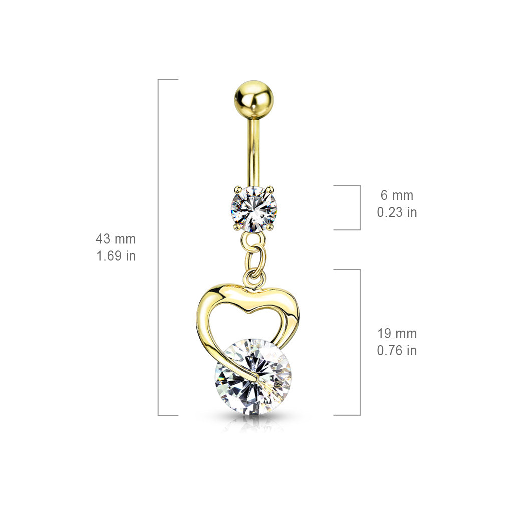 Cherry Diva belly bar 14 Gauge Dangling Gold Plated Crystal Heart Belly Button Bar