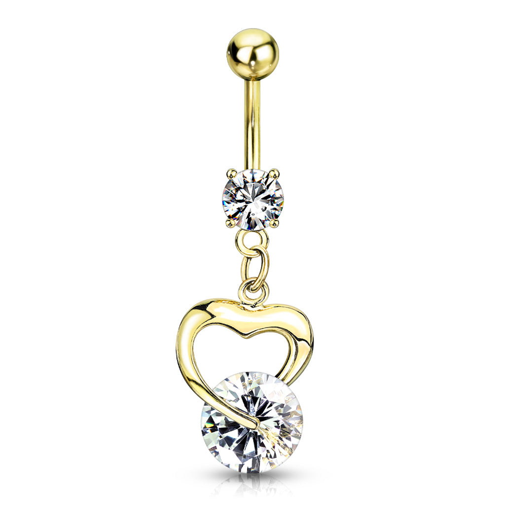 Cherry Diva belly bar 14 Gauge Dangling Gold Plated Crystal Heart Belly Button Bar