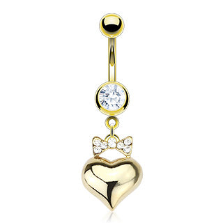 Cherry Diva belly bar 14 Gauge Dangling Gold Plated Heart Belly Button Bar