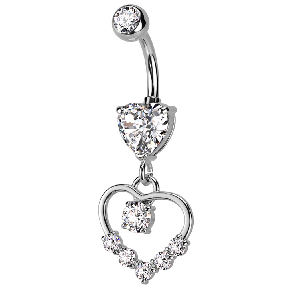 Cherry Diva belly bar 14 Gauge Dangling Hollow Crystal Heart Belly Button Bar