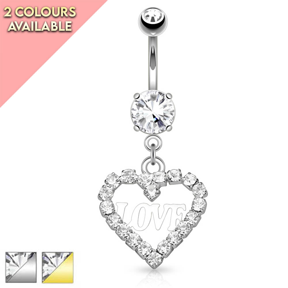 Cherry Diva belly bar 14 Gauge Dangling Love Heart Belly Button Ring