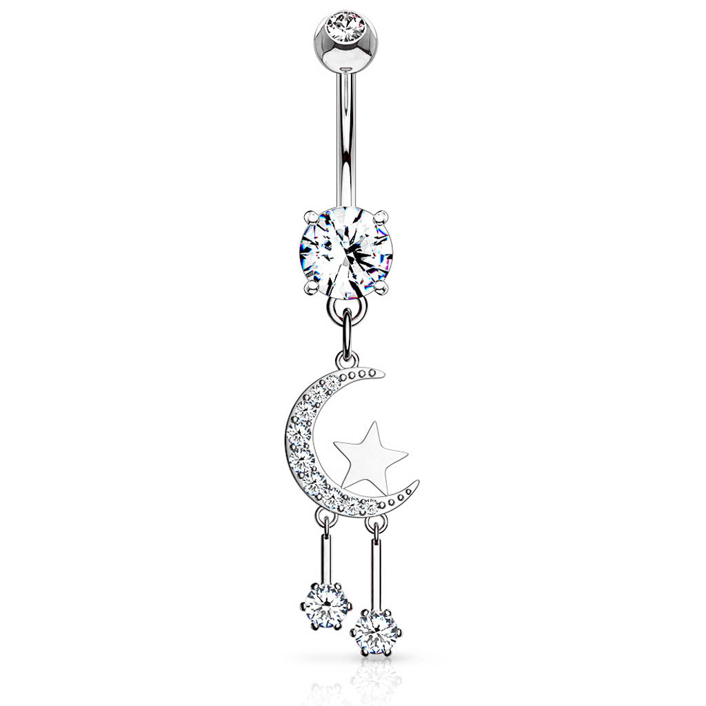 Cherry Diva belly bar 14 Gauge Dangling Moon & Stars Belly Bar