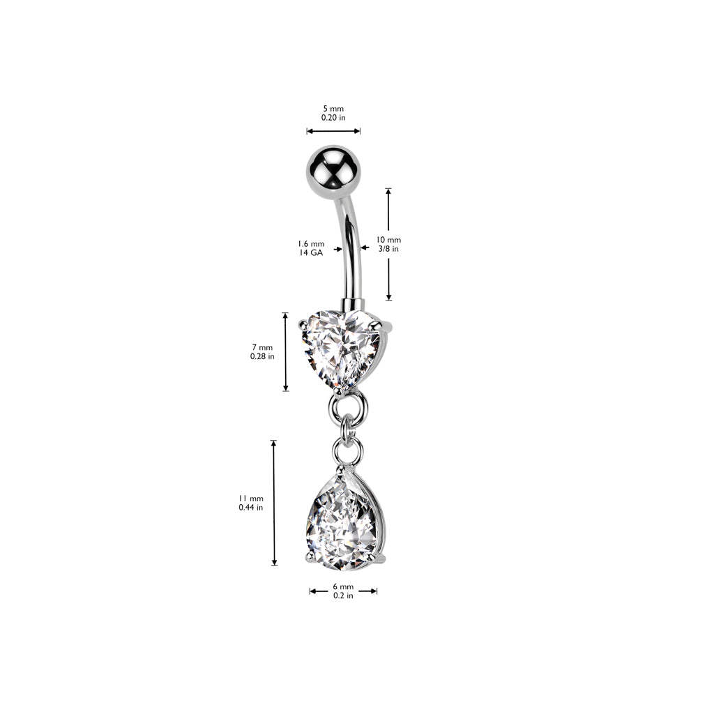 Cherry Diva belly bar 14 Gauge Dangling Silver Heart & Teardrop Belly Bar