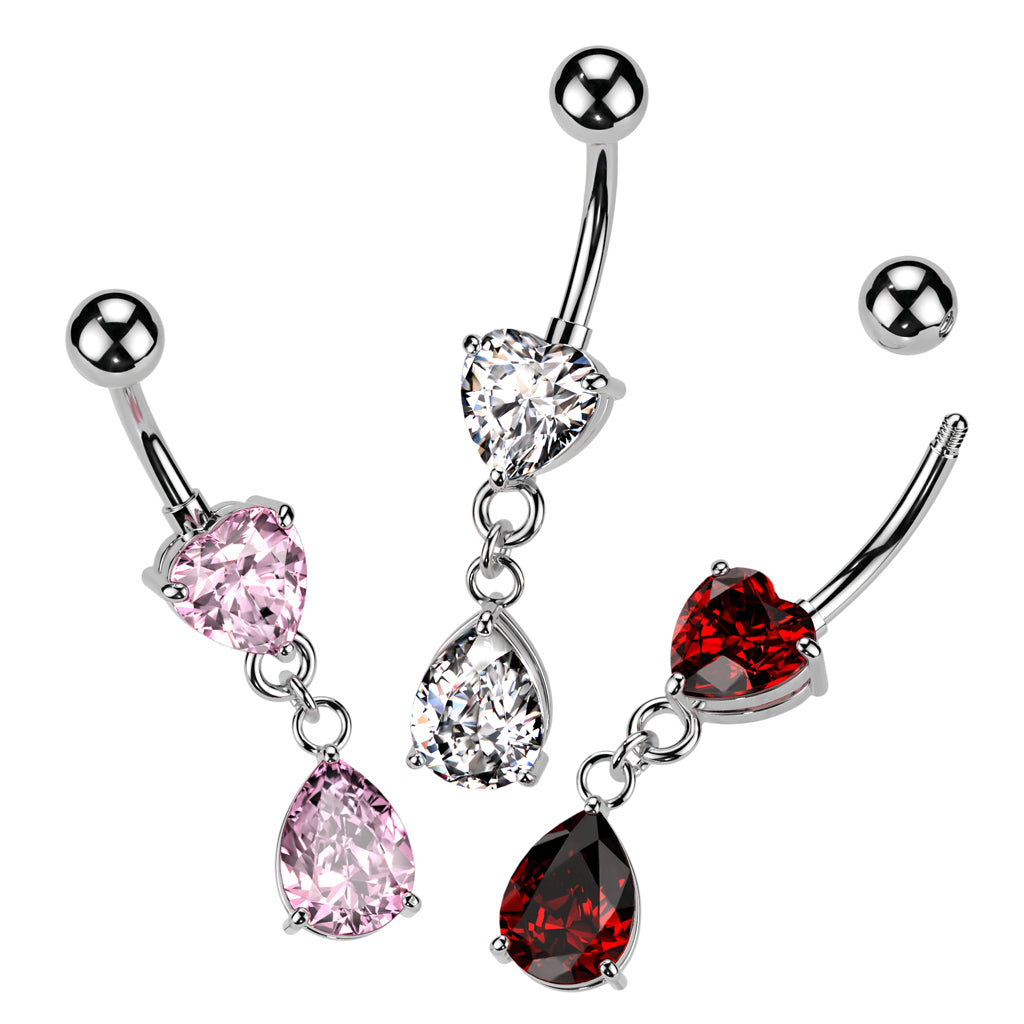 Cherry Diva belly bar 14 Gauge Dangling Silver Heart & Teardrop Belly Bar