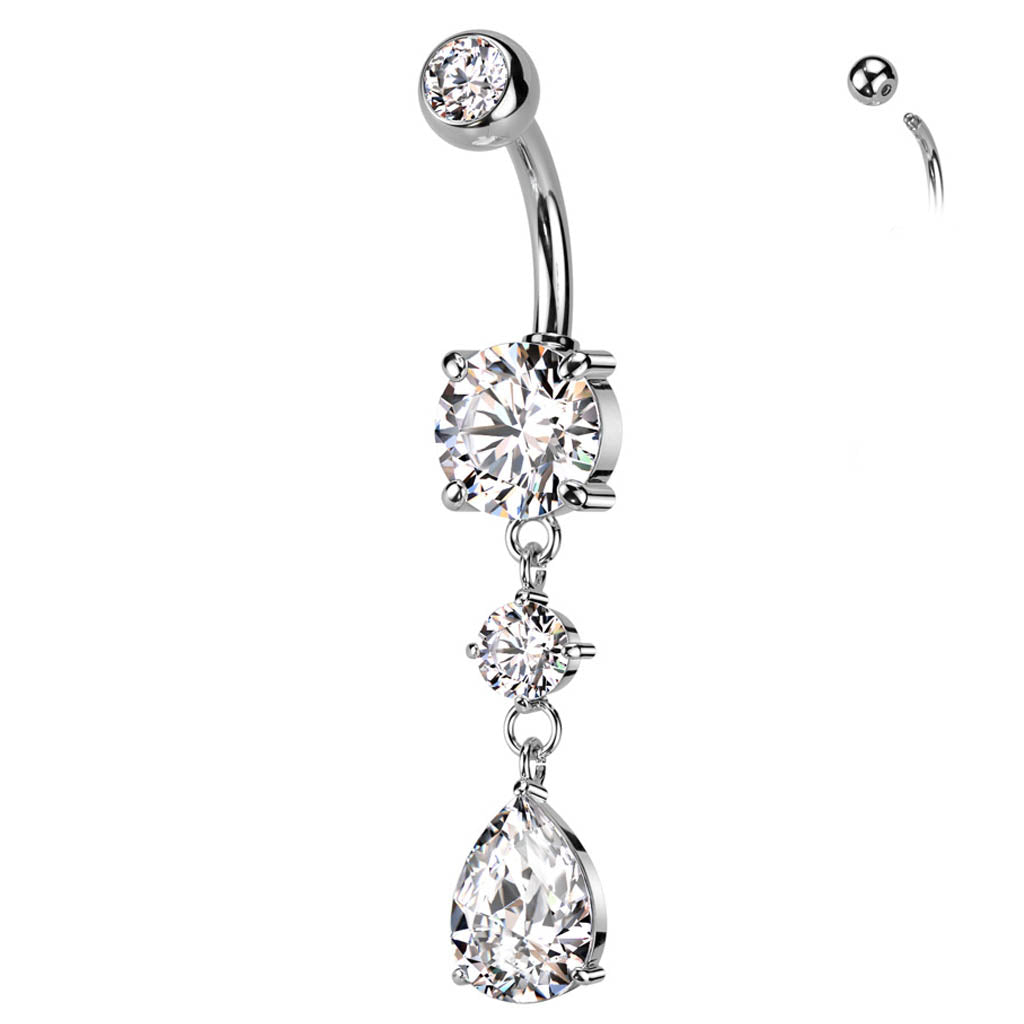 Cherry Diva belly bar 14 Gauge Double Dangling Crystal Teardrop Belly Bar - Silver