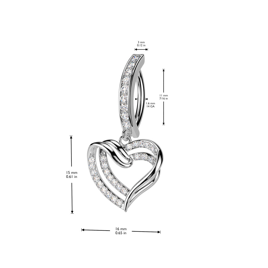 Cherry Diva belly bar 14 Gauge Hinged Dangling Crystal Heart Belly Button Bar