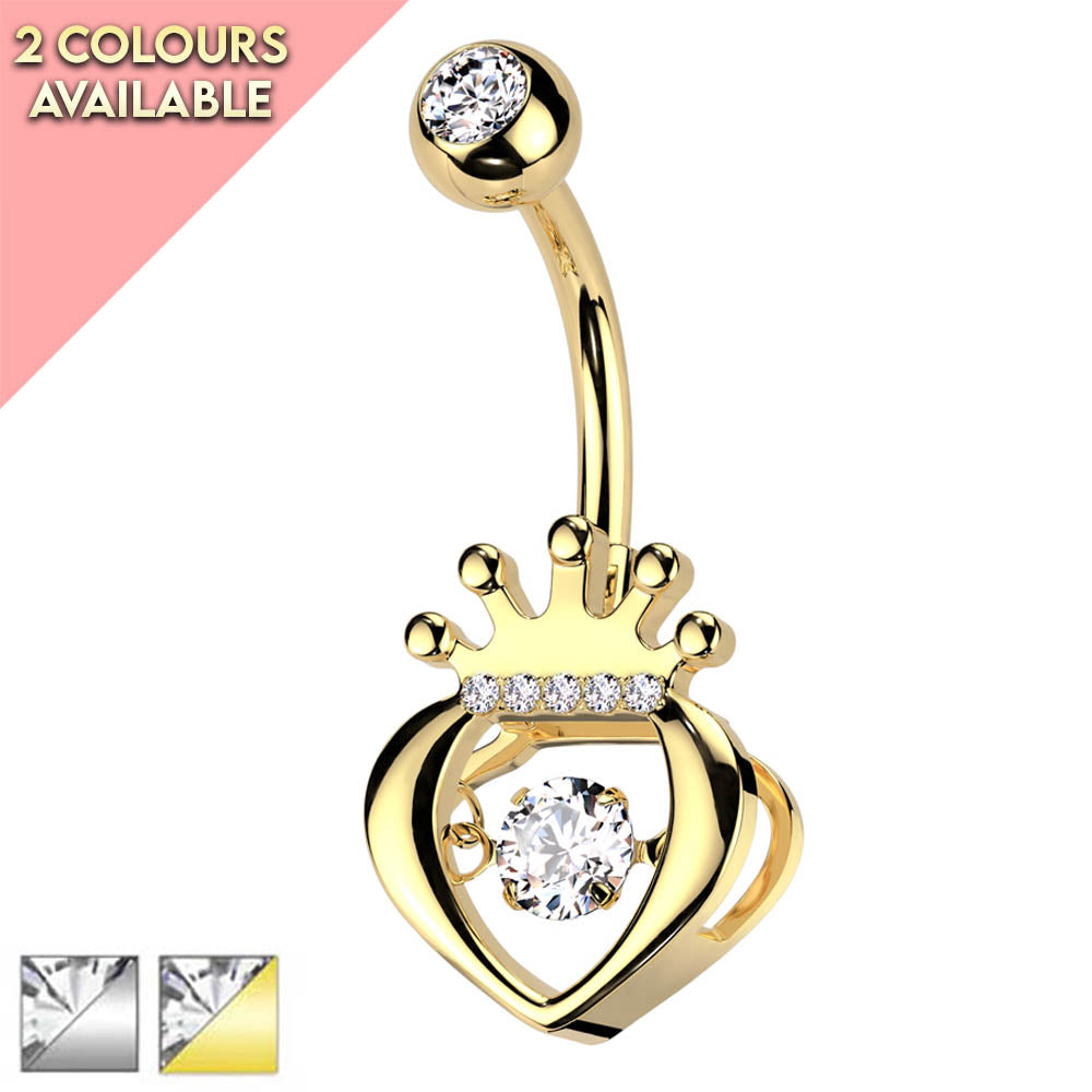 Cherry Diva belly bar 14 Gauge Hollow Heart & Crown Belly Bar