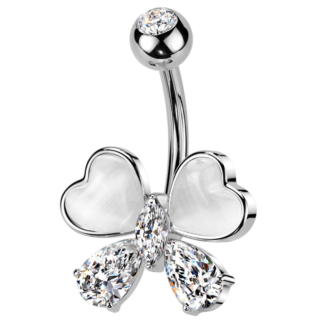 Cherry Diva belly bar 14 Gauge Silver Mother Of Pearl Bow Button Bar