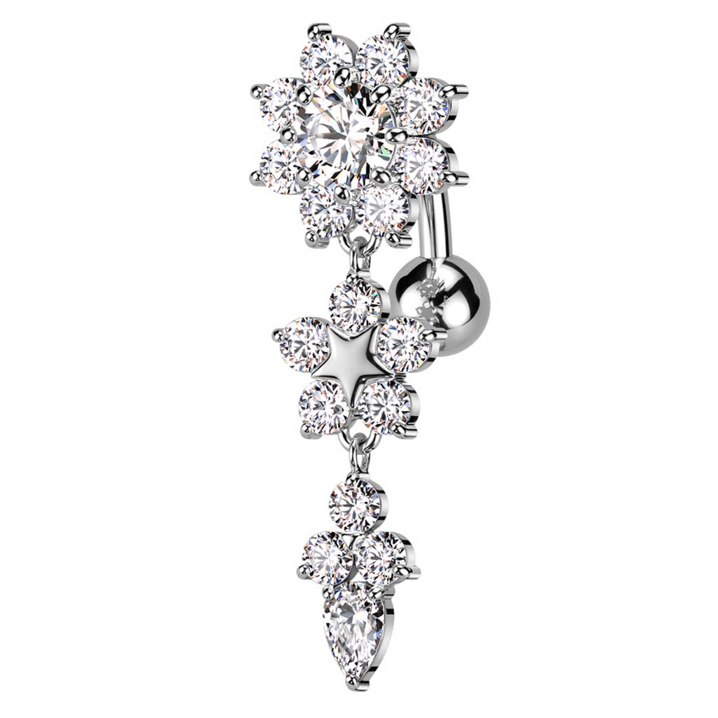 Cherry Diva belly bar 14 Gauge Triple Crystal Flower Reverse Belly Button Bar