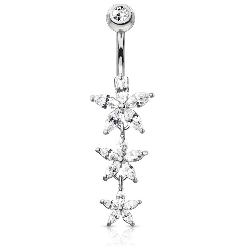 Cherry Diva belly bar 14 Gauge Triple Dangling Flower Belly Button Bar