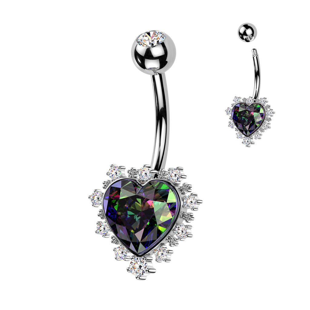 Cherry Diva belly bar 14 Silver Rainbow Crystal Heart Belly Button Bar