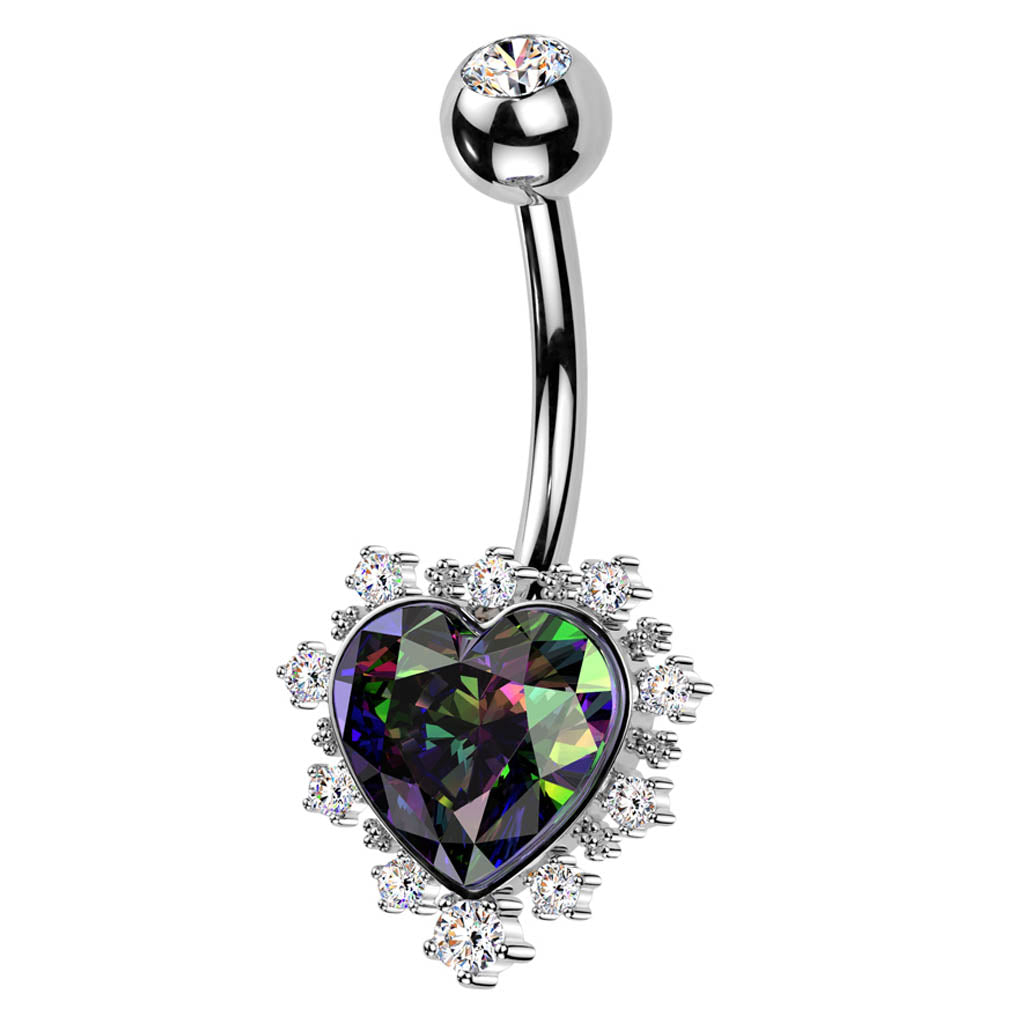 Cherry Diva belly bar 14 Silver Rainbow Crystal Heart Belly Button Bar