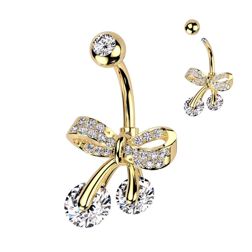 Cherry Diva belly bar Gold 14 Crystal Bow Belly Button Bar