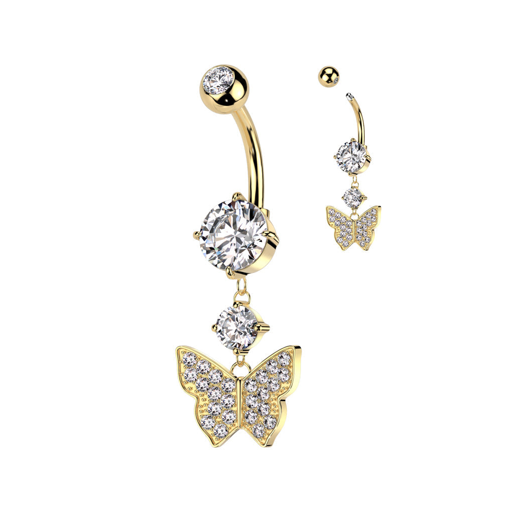 Cherry Diva belly bar Gold 14 Crystal Wings Butterfly Belly Bar