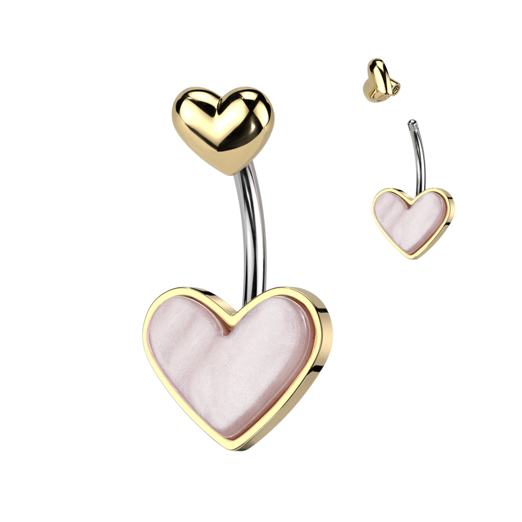 Cherry Diva belly bar Gold 14 Gauge Mother Of Pearl Heart Shaped Belly Button Bar