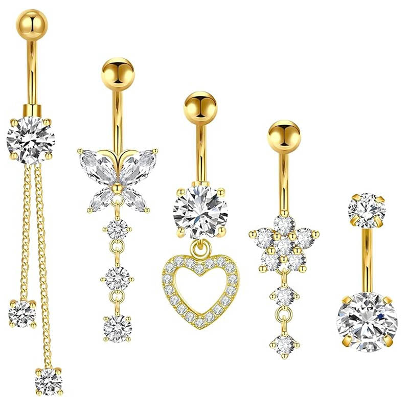 Cherry Diva belly bar Gold Multi Pack Of 5 Dangling Crystal Belly Button Bars