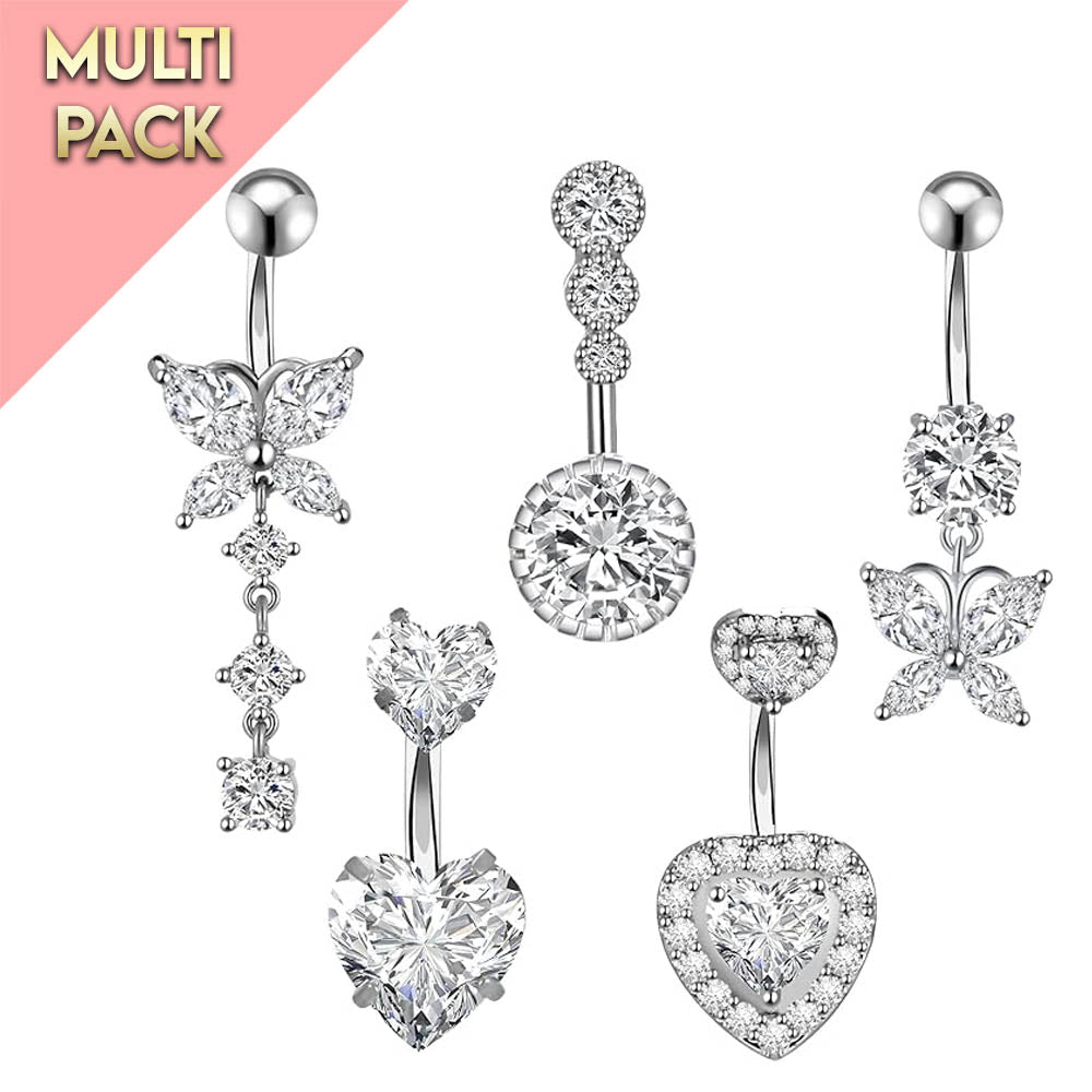 Cherry Diva belly bar Multi Pack Of 5 Crystal Belly Button Bars - Silver