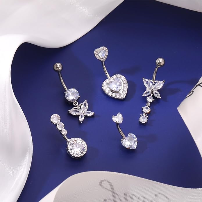 Cherry Diva belly bar Multi Pack Of 5 Crystal Belly Button Bars - Silver