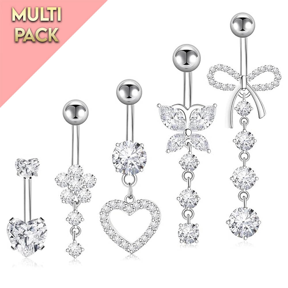 Cherry Diva belly bar Multi Pack Of 5 Dangling Silver Crystal Belly Button Bars