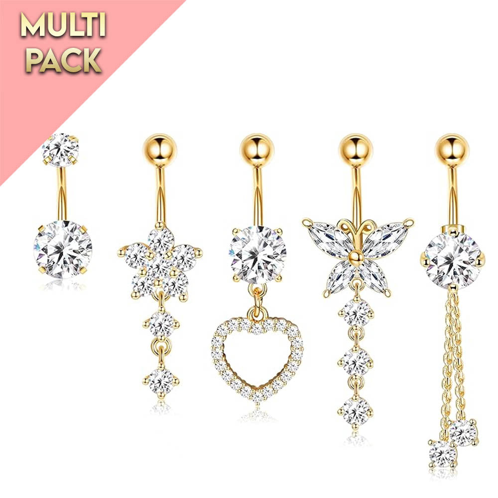 Cherry Diva belly bar Multi Pack Of 5 Gold Crystal Belly Button Bars