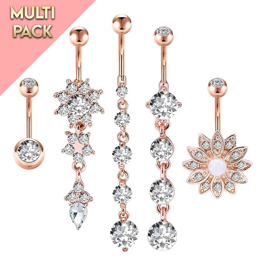 Cherry Diva belly bar Multi Pack Of 5 Rose Gold Crystal Belly Button Bars