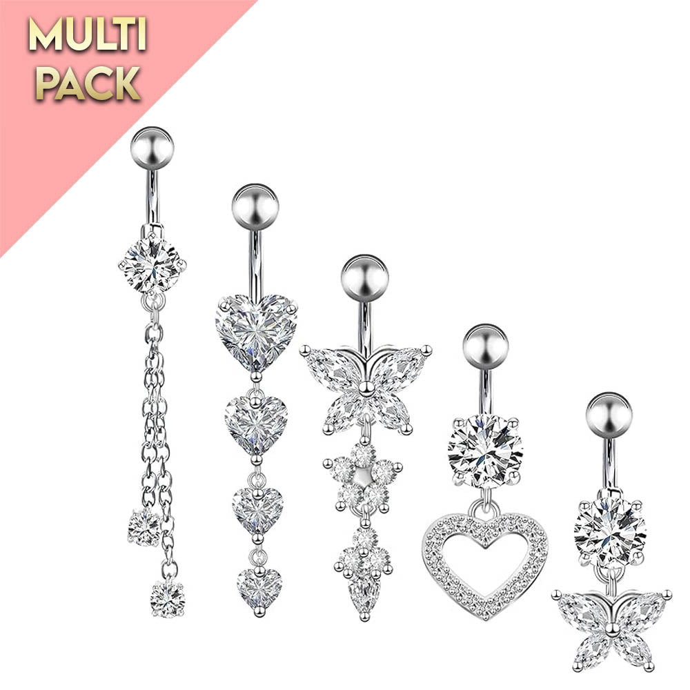 Cherry Diva belly bar Multi Pack Of 5 Silver Crystal Belly Button Bars