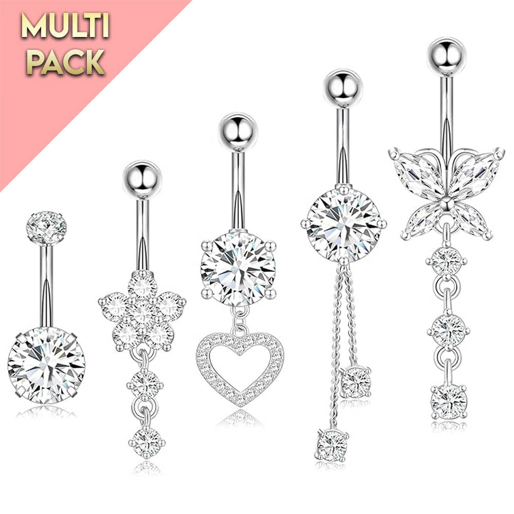 Cherry Diva belly bar Multi Pack Of 5 Silver Crystal Belly Button Bars