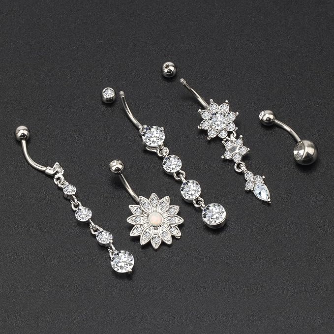 Cherry Diva belly bar Multi Pack Of 5 Silver Dangling Crystal Belly Button Bars