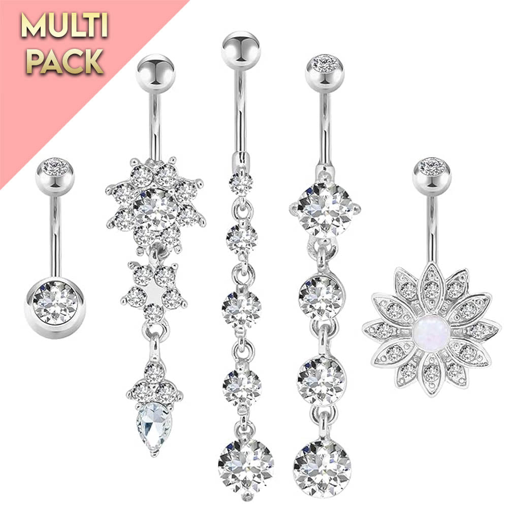 Cherry Diva belly bar Multi Pack Of 5 Silver Dangling Crystal Belly Button Bars