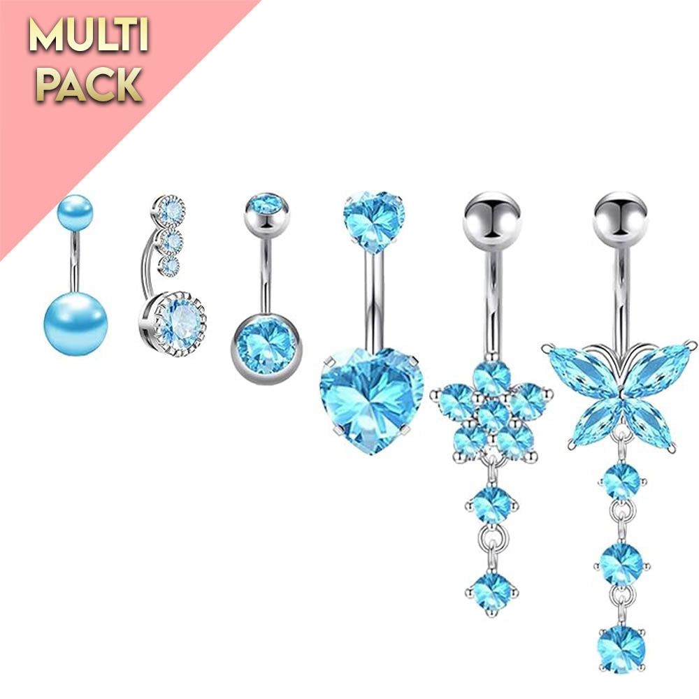 Cherry Diva belly bar Multi Pack Of 6 Blue Crystal Belly Button Bars