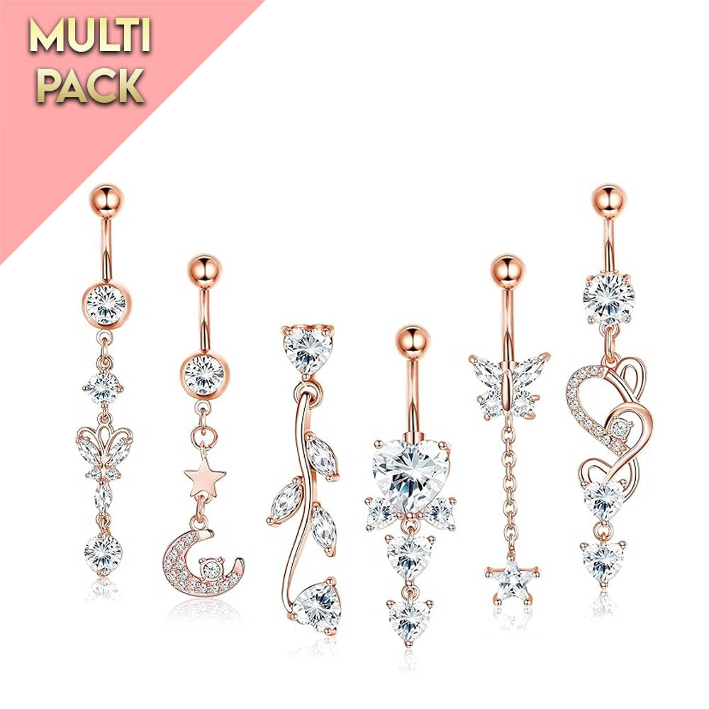 Cherry Diva belly bar Multi Pack Of 6 Rose Gold Crystal Belly Button Bars