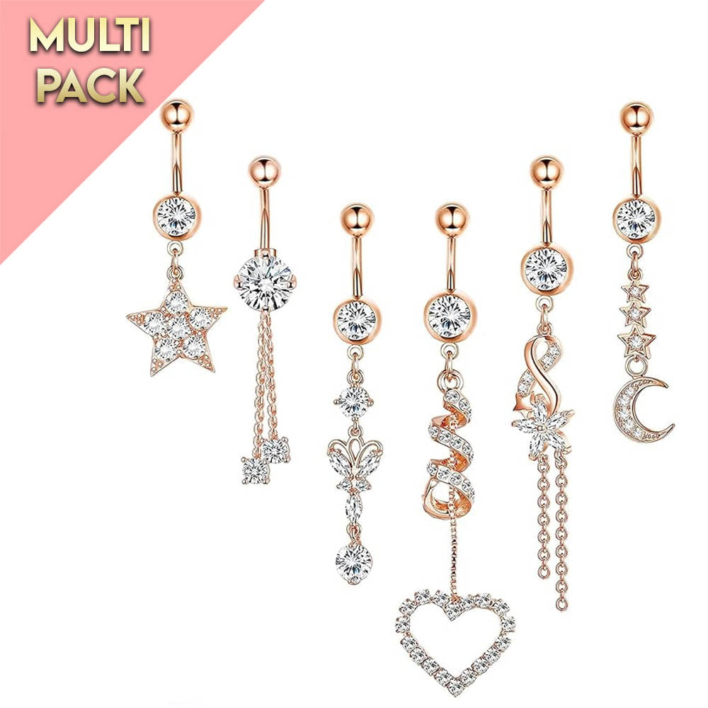 Cherry Diva belly bar Multi Pack Of 6 Rose Gold Dangling Belly Button Bars