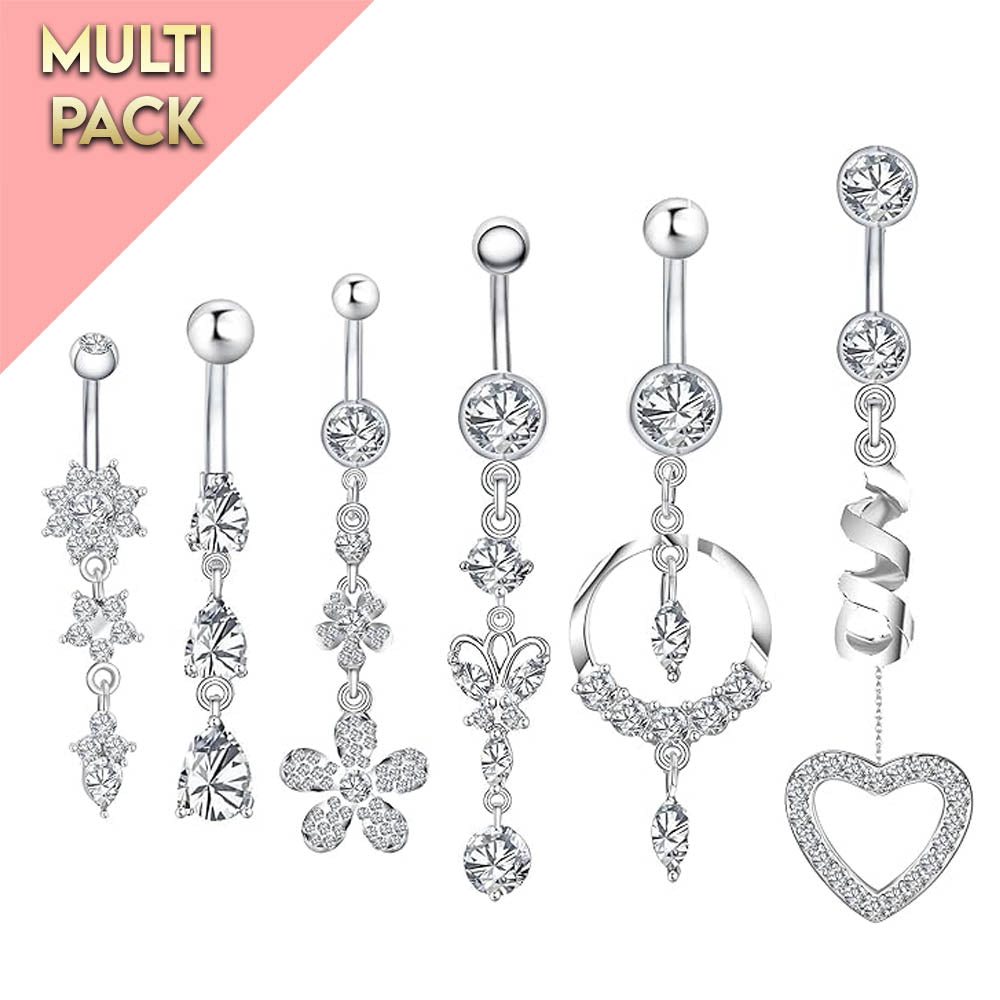 Cherry Diva belly bar Multi Pack Of 6 Silver Crystal Belly Bars