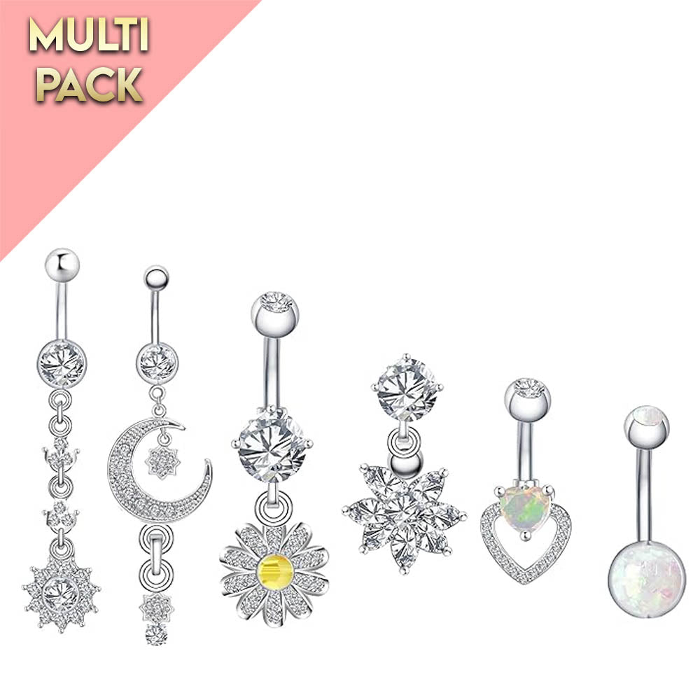 Cherry Diva belly bar Multi Pack Of 6 Silver Crystal Belly Button Bars
