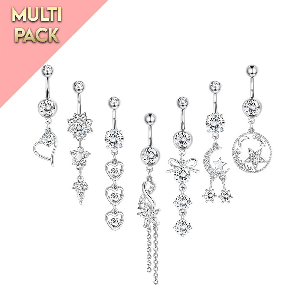 Cherry Diva belly bar Multi Pack Of 7 Silver Crystal Belly Button Bars