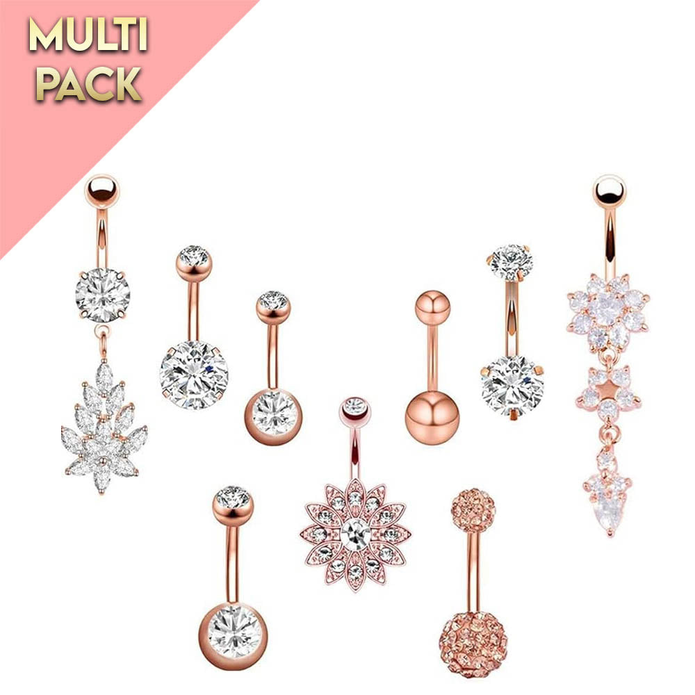 Cherry Diva belly bar Multi Pack Of 9 Rose Gold Crystal Belly Button Bars