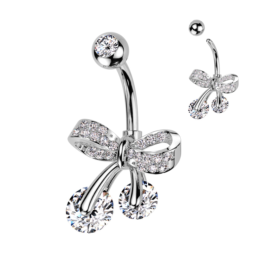 Cherry Diva belly bar Silver 14 Crystal Bow Belly Button Bar